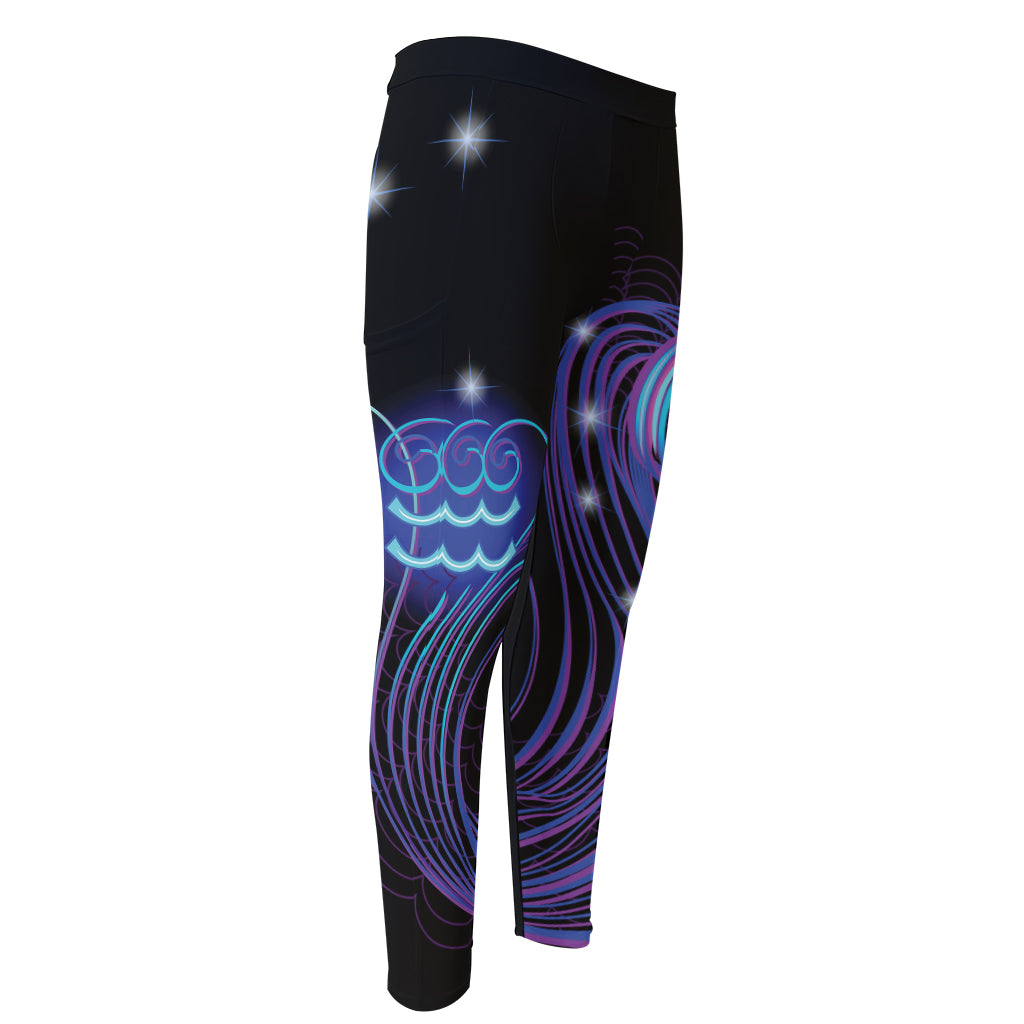 Dark Aquarius Zodiac Sign Print Men's Compression Pants