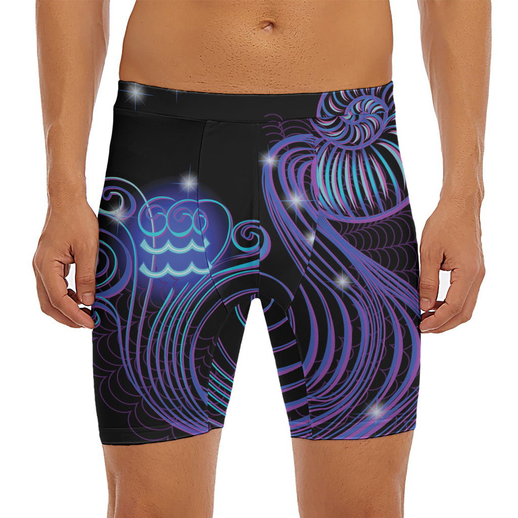 Dark Aquarius Zodiac Sign Print Men's Long Boxer Briefs