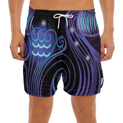 Dark Aquarius Zodiac Sign Print Men's Split Running Shorts