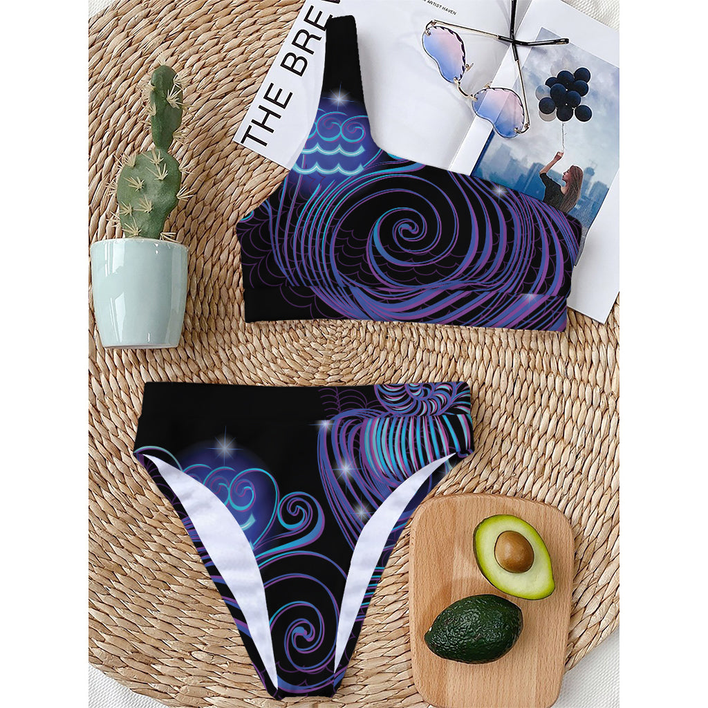 Dark Aquarius Zodiac Sign Print One Shoulder Bikini Top