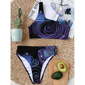 Dark Aquarius Zodiac Sign Print One Shoulder Bikini Top