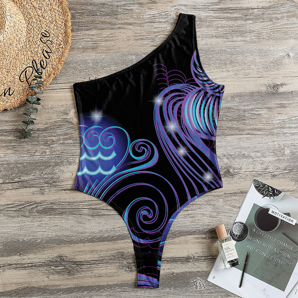 Dark Aquarius Zodiac Sign Print One Shoulder Bodysuit