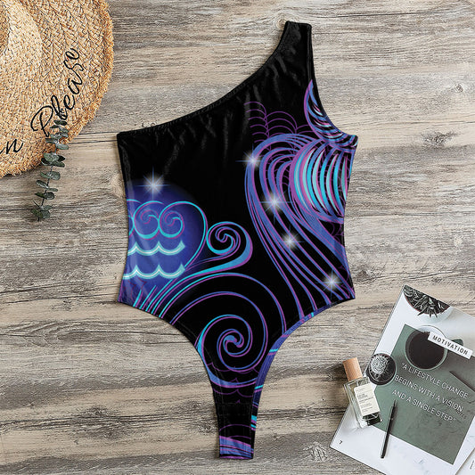 Dark Aquarius Zodiac Sign Print One Shoulder Bodysuit