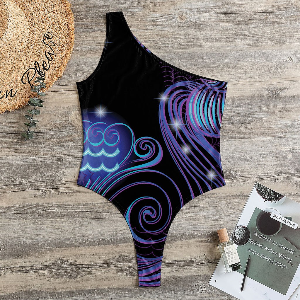 Dark Aquarius Zodiac Sign Print One Shoulder Bodysuit