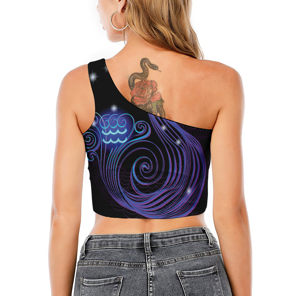 Dark Aquarius Zodiac Sign Print One Shoulder Crop Top