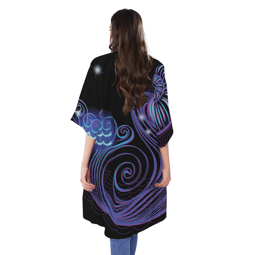 Dark Aquarius Zodiac Sign Print Open Front Beach Cover Up