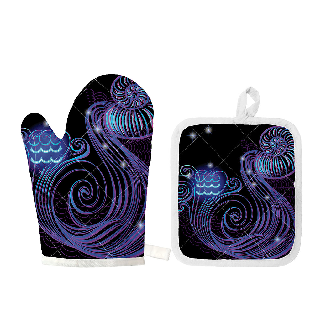 Dark Aquarius Zodiac Sign Print Oven Mitt And Pot Holder Set