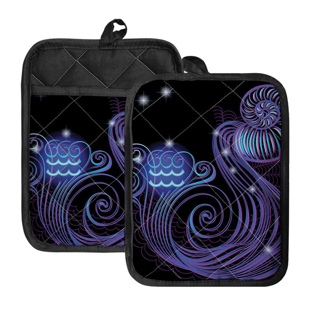 Dark Aquarius Zodiac Sign Print Pot Holders With Pocket
