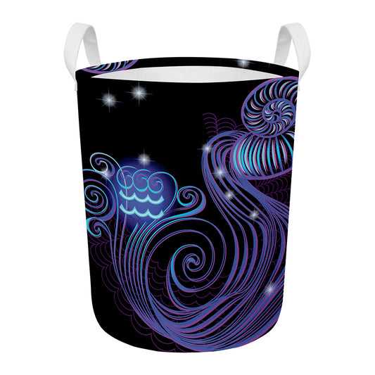 Dark Aquarius Zodiac Sign Print Round Laundry Basket