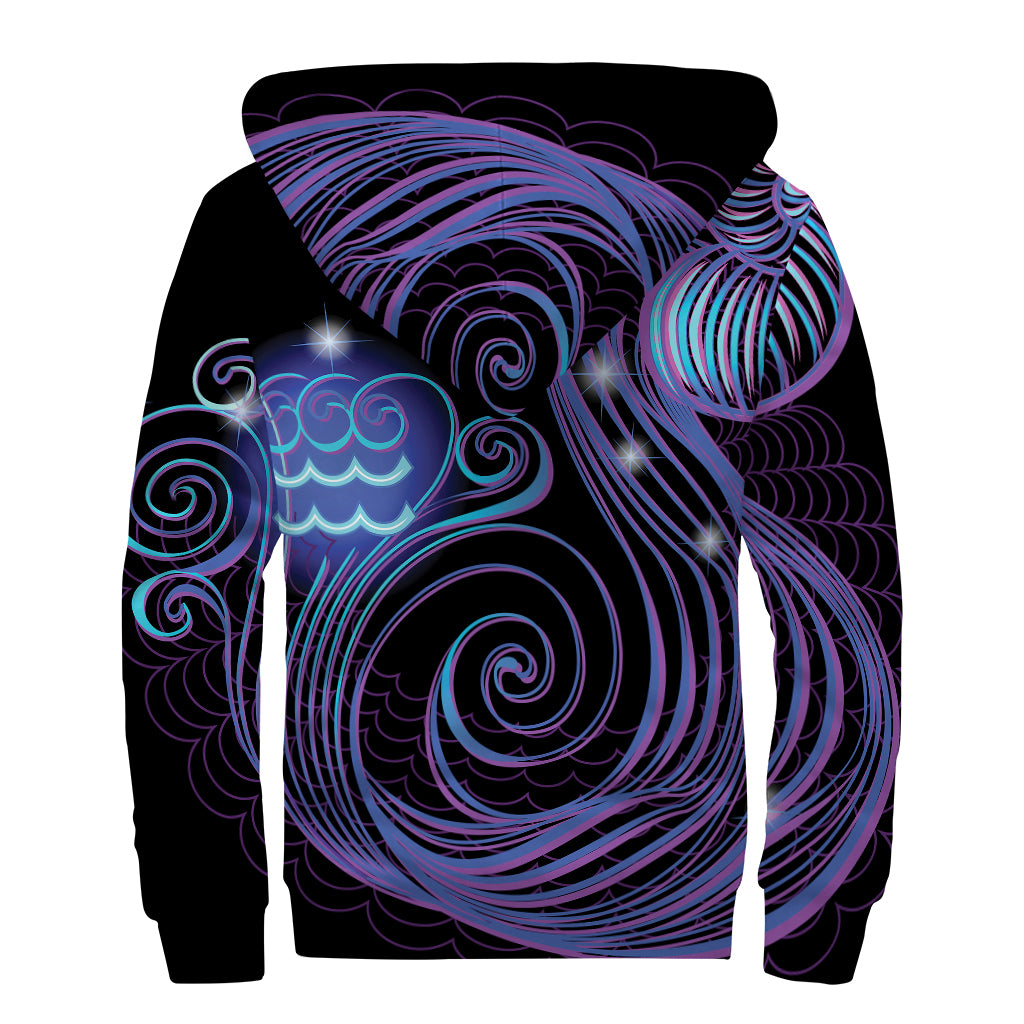 Dark Aquarius Zodiac Sign Print Sherpa Lined Zip Up Hoodie