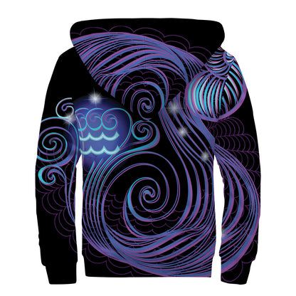 Dark Aquarius Zodiac Sign Print Sherpa Lined Zip Up Hoodie
