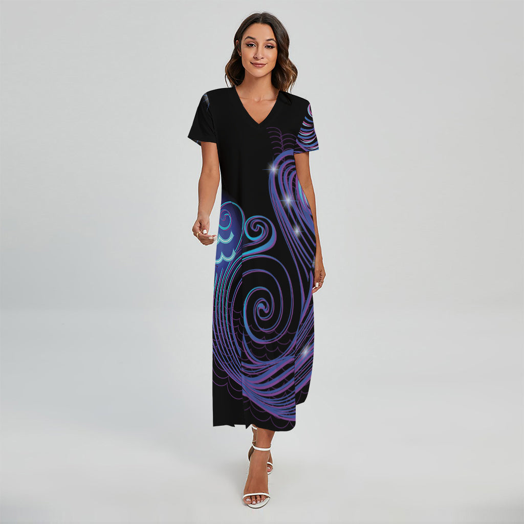 Dark Aquarius Zodiac Sign Print Short Sleeve Maxi Dress
