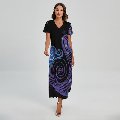 Dark Aquarius Zodiac Sign Print Short Sleeve Maxi Dress