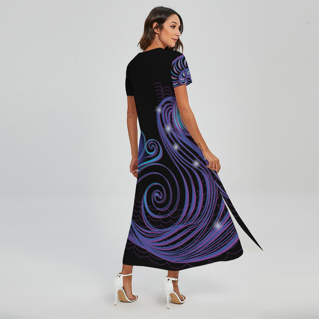 Dark Aquarius Zodiac Sign Print Short Sleeve Maxi Dress
