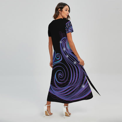 Dark Aquarius Zodiac Sign Print Short Sleeve Maxi Dress