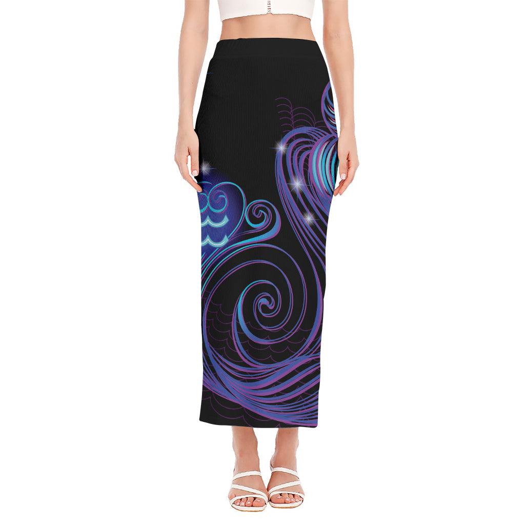 Dark Aquarius Zodiac Sign Print Side Slit Maxi Skirt