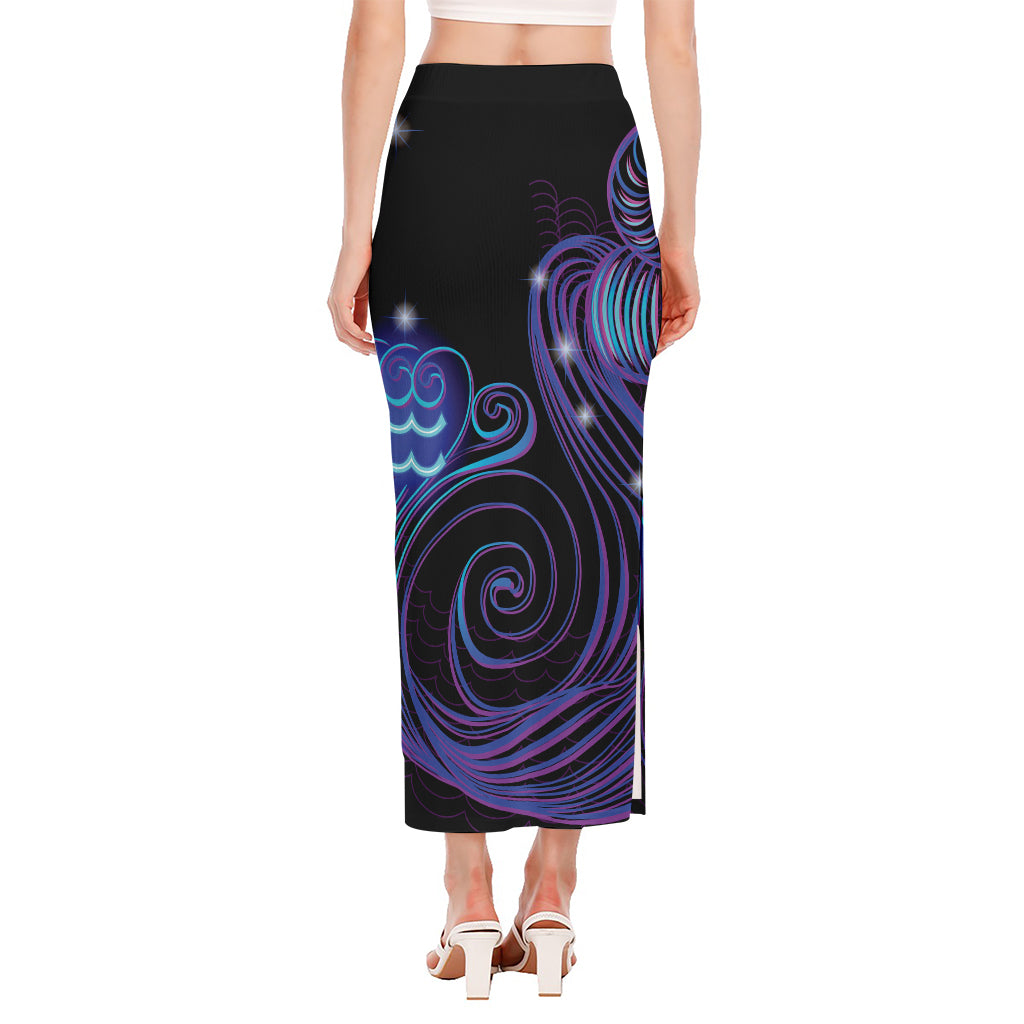 Dark Aquarius Zodiac Sign Print Side Slit Maxi Skirt