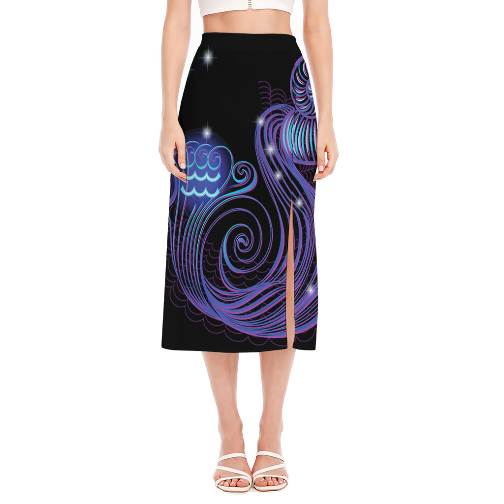 Dark Aquarius Zodiac Sign Print Side Slit Midi Skirt