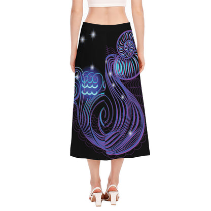 Dark Aquarius Zodiac Sign Print Side Slit Midi Skirt