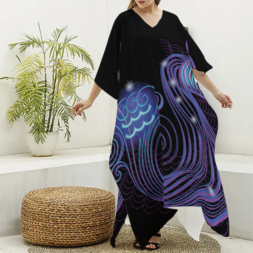 Dark Aquarius Zodiac Sign Print Silk V-Neck Kaftan Dress