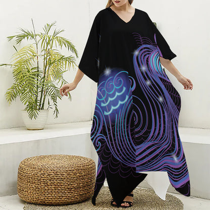 Dark Aquarius Zodiac Sign Print Silk V-Neck Kaftan Dress