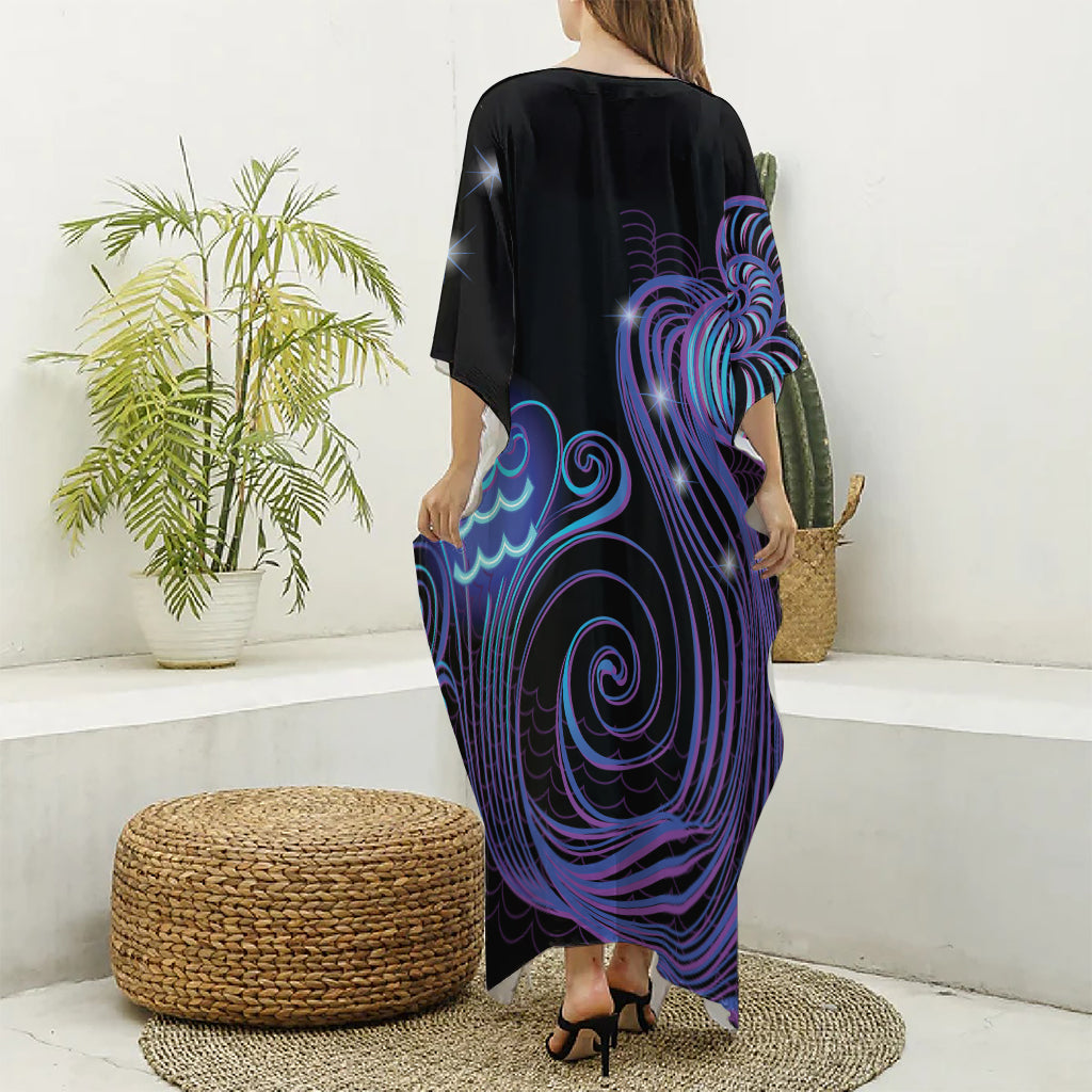 Dark Aquarius Zodiac Sign Print Silk V-Neck Kaftan Dress