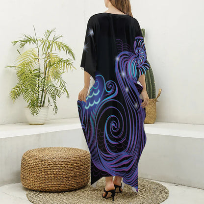 Dark Aquarius Zodiac Sign Print Silk V-Neck Kaftan Dress