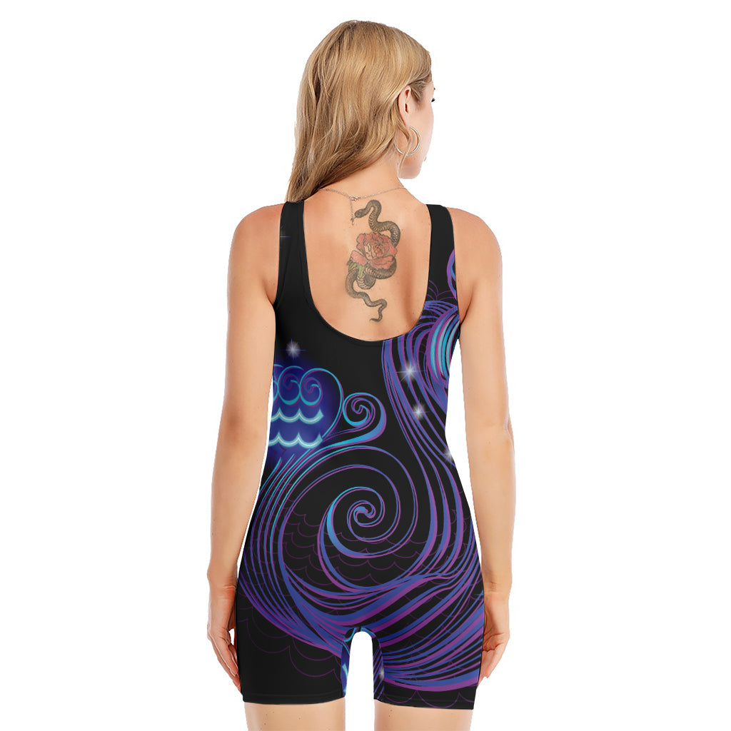 Dark Aquarius Zodiac Sign Print Sleeveless One Piece Swimsuit