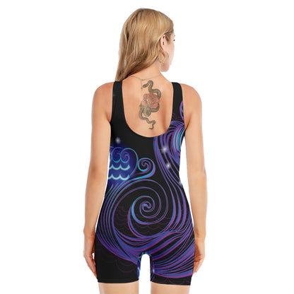 Dark Aquarius Zodiac Sign Print Sleeveless One Piece Swimsuit