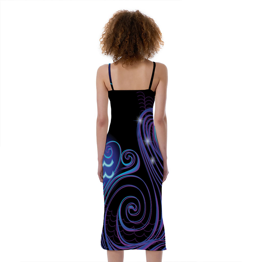 Dark Aquarius Zodiac Sign Print Slim Fit Midi Cami Dress
