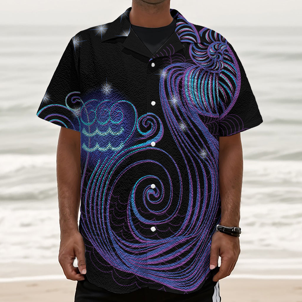 Dark Aquarius Zodiac Sign Print Textured Short Sleeve Shirt