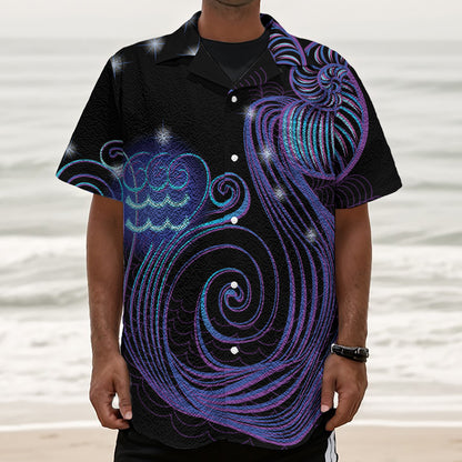 Dark Aquarius Zodiac Sign Print Textured Short Sleeve Shirt