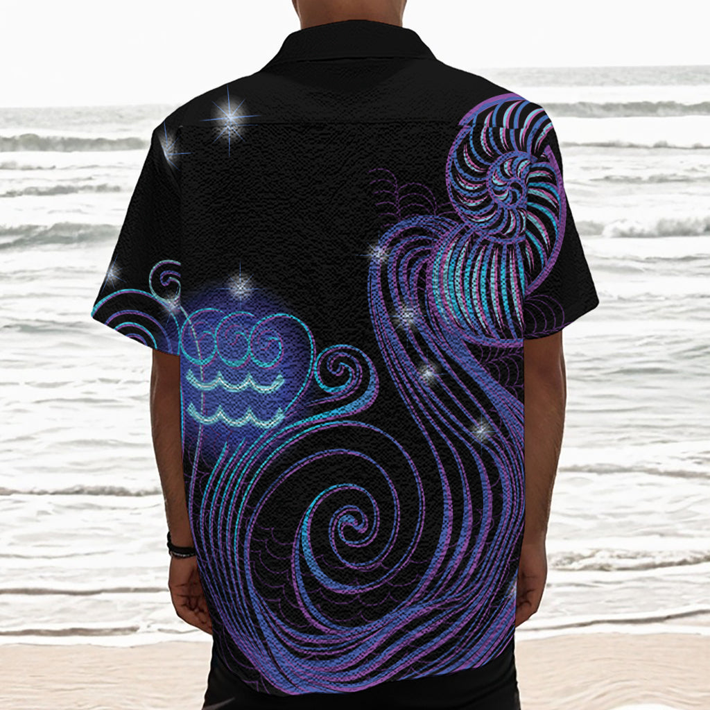 Dark Aquarius Zodiac Sign Print Textured Short Sleeve Shirt
