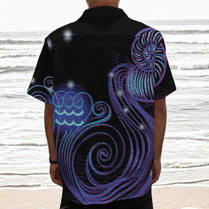 Dark Aquarius Zodiac Sign Print Textured Short Sleeve Shirt