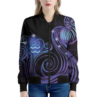 Dark Aquarius Zodiac Sign Print Women's Bomber Jacket