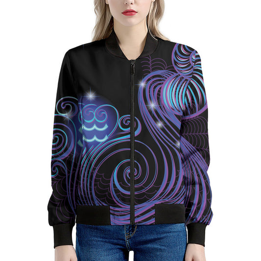 Dark Aquarius Zodiac Sign Print Women's Bomber Jacket