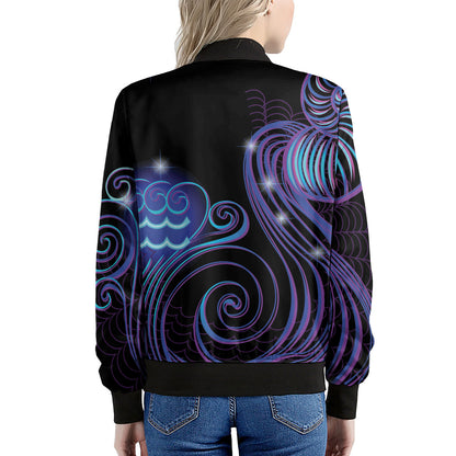 Dark Aquarius Zodiac Sign Print Women's Bomber Jacket