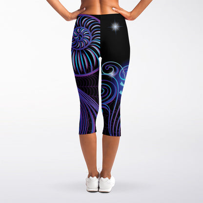 Dark Aquarius Zodiac Sign Print Women's Capri Leggings