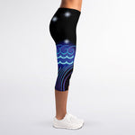 Dark Aquarius Zodiac Sign Print Women's Capri Leggings