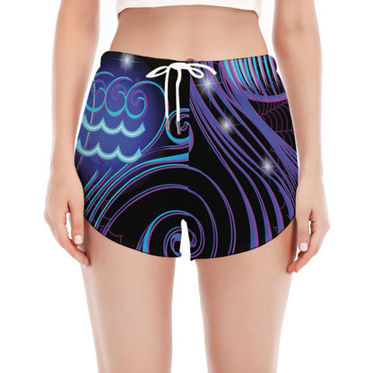 Dark Aquarius Zodiac Sign Print Women's Split Running Shorts
