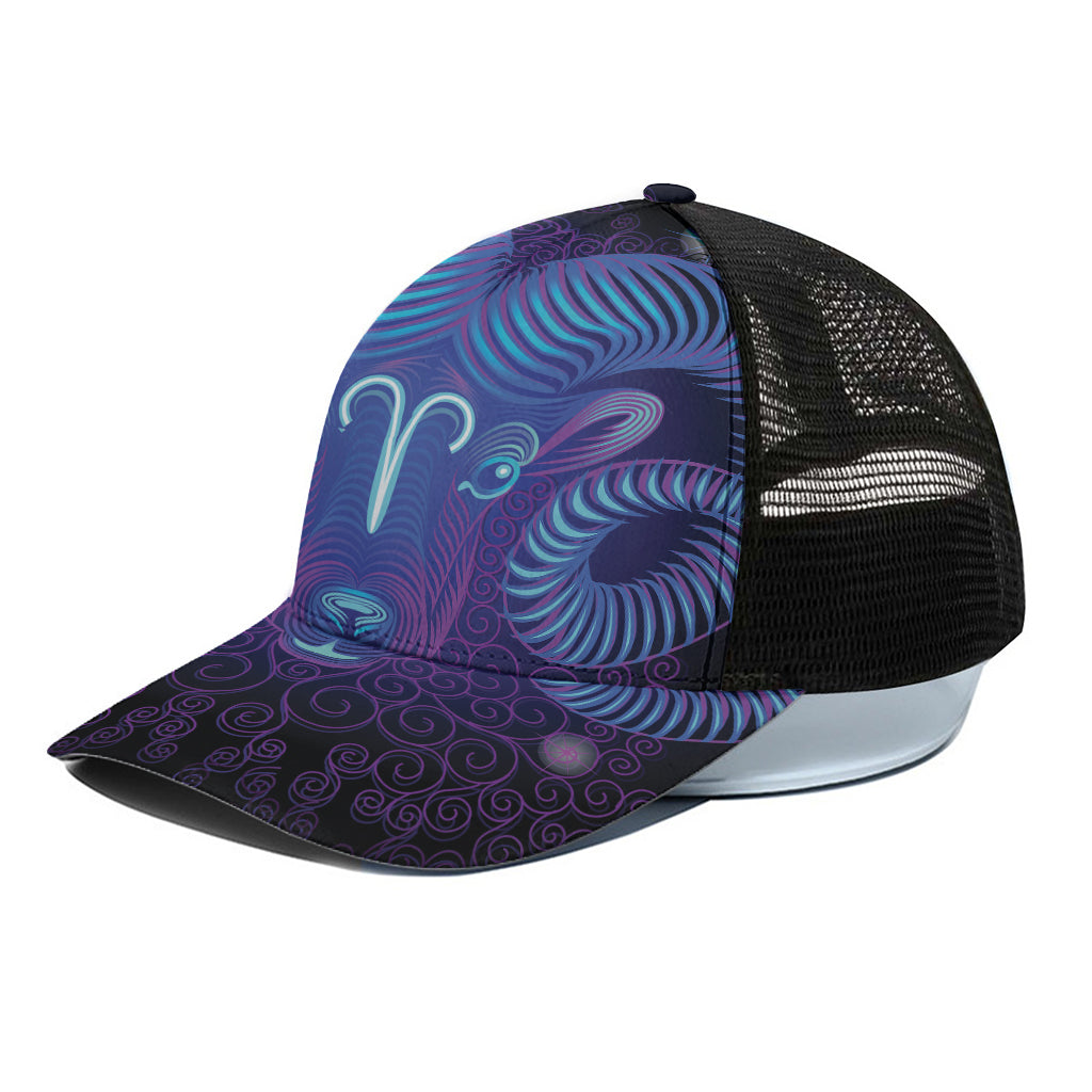 Dark Aries Zodiac Sign Print Black Mesh Trucker Cap