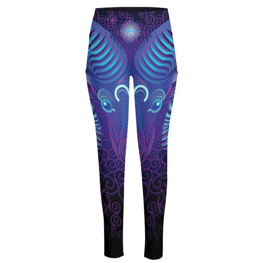 Dark Aries Zodiac Sign Print High-Waisted Pocket Leggings