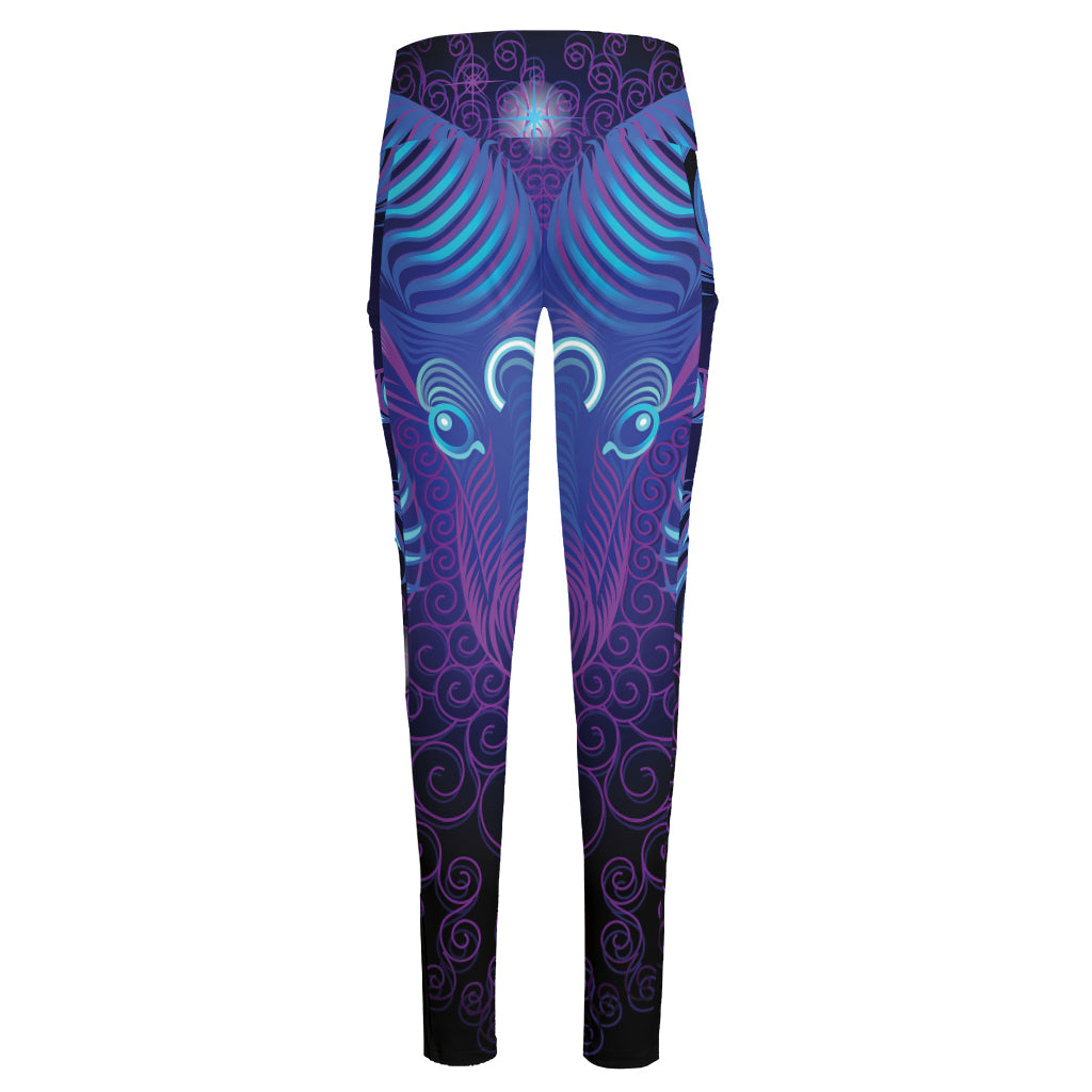 Dark Aries Zodiac Sign Print High-Waisted Pocket Leggings
