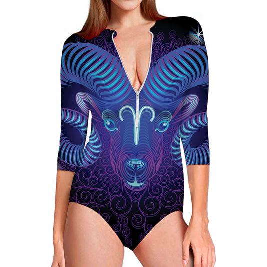 Dark Aries Zodiac Sign Print Long Sleeve Swimsuit