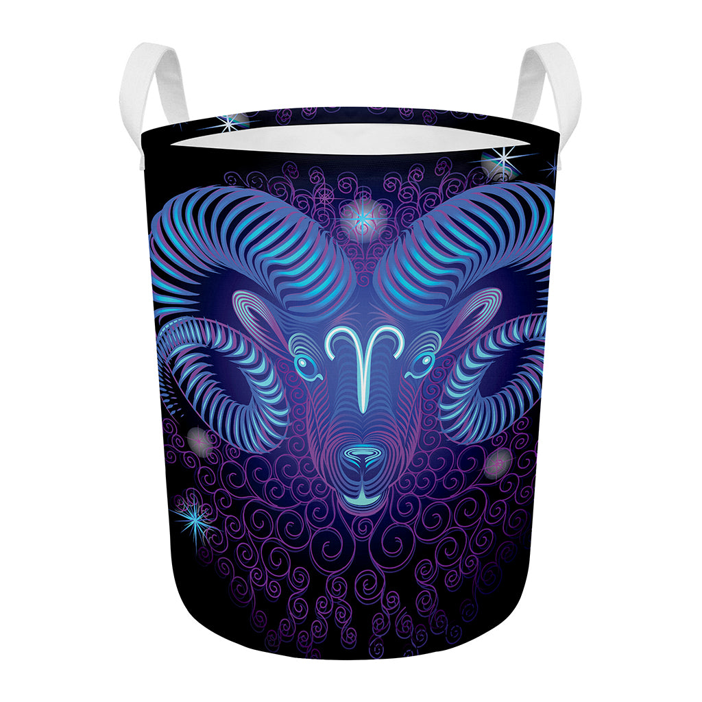 Dark Aries Zodiac Sign Print Round Laundry Basket