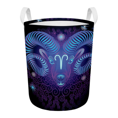 Dark Aries Zodiac Sign Print Round Laundry Basket
