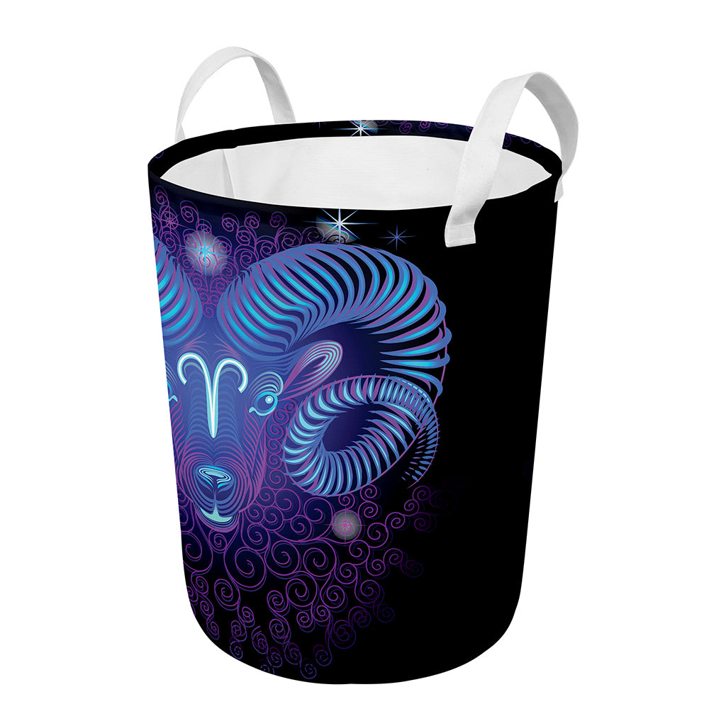 Dark Aries Zodiac Sign Print Round Laundry Basket