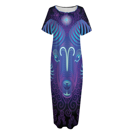 Dark Aries Zodiac Sign Print Short Sleeve Long Nightdress