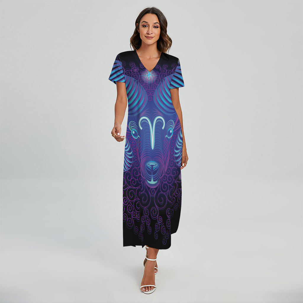 Dark Aries Zodiac Sign Print Short Sleeve Maxi Dress