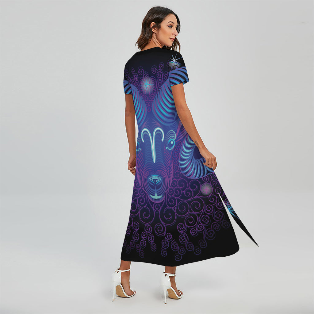 Dark Aries Zodiac Sign Print Short Sleeve Maxi Dress